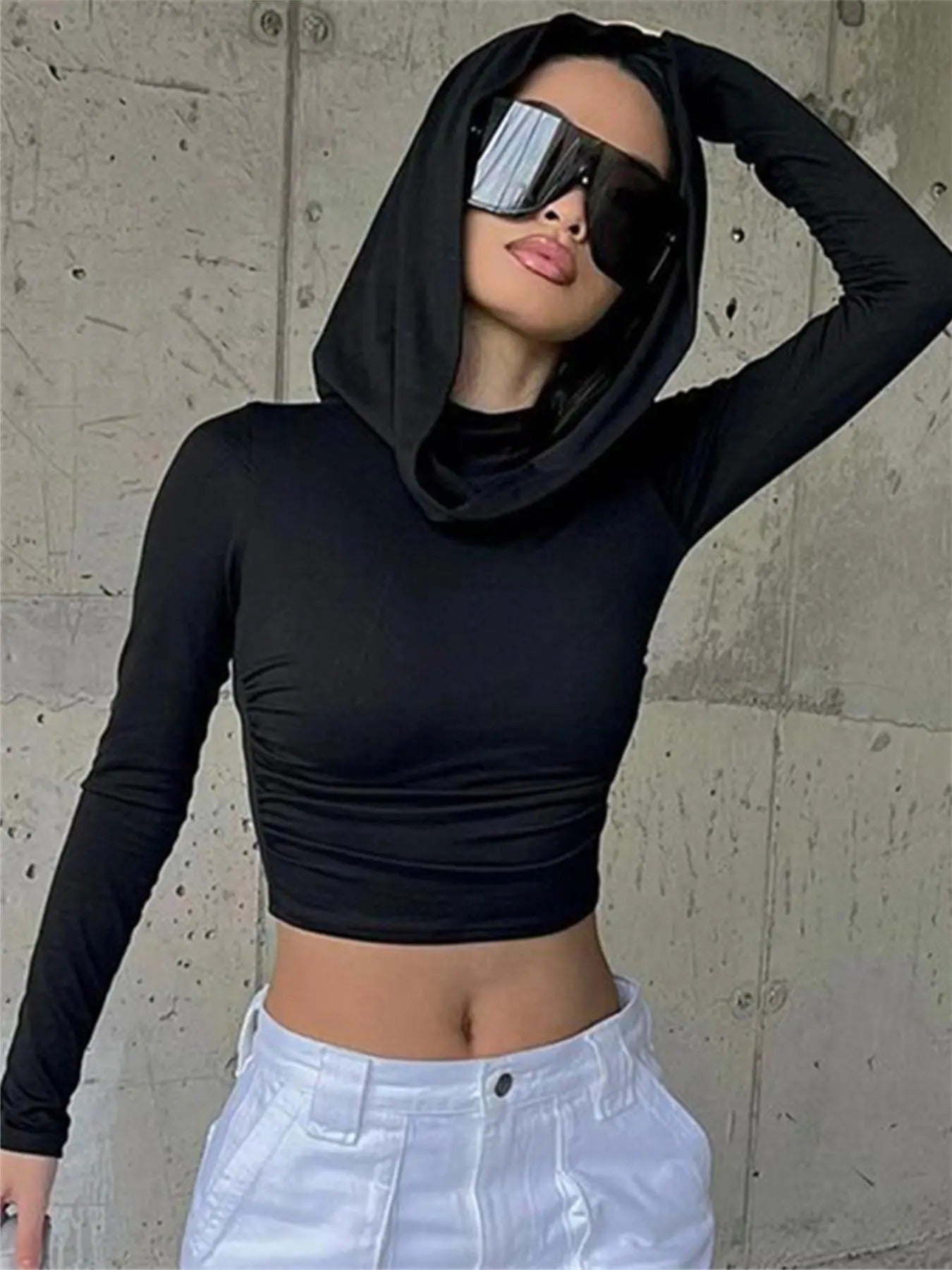 Women'WB shield Solid Ruched Hooded Crop Tee, Casual Long Sleeve T-shirt for Spring & Fall, Women'WB shield Clothing for...