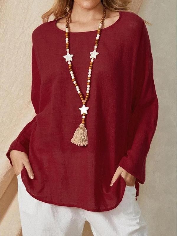 Women'WB shield Solid Simple Long Sleeve Blouse, Casual Round Neck Top For Spring & Fall, Women'WB shield TNF For Daily...
