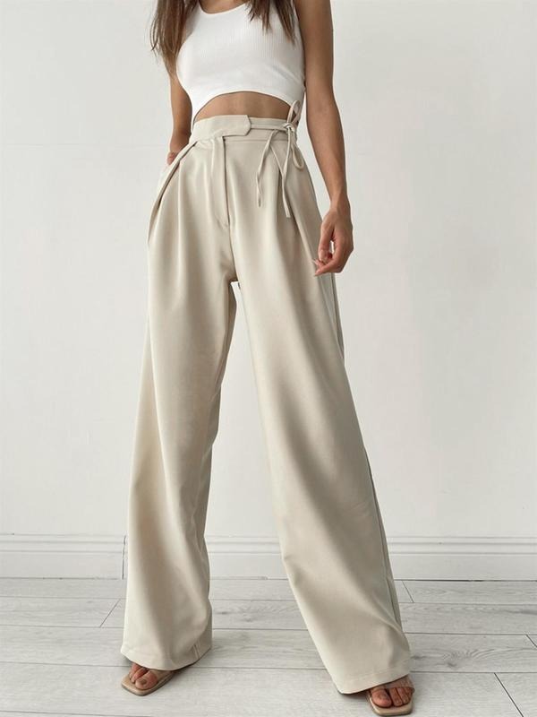 Women'WB shield Solid Tie Front High Waist Wide Leg Pants, Elegant Casual Elastic Waist Straight Leg Trousers for Daily...