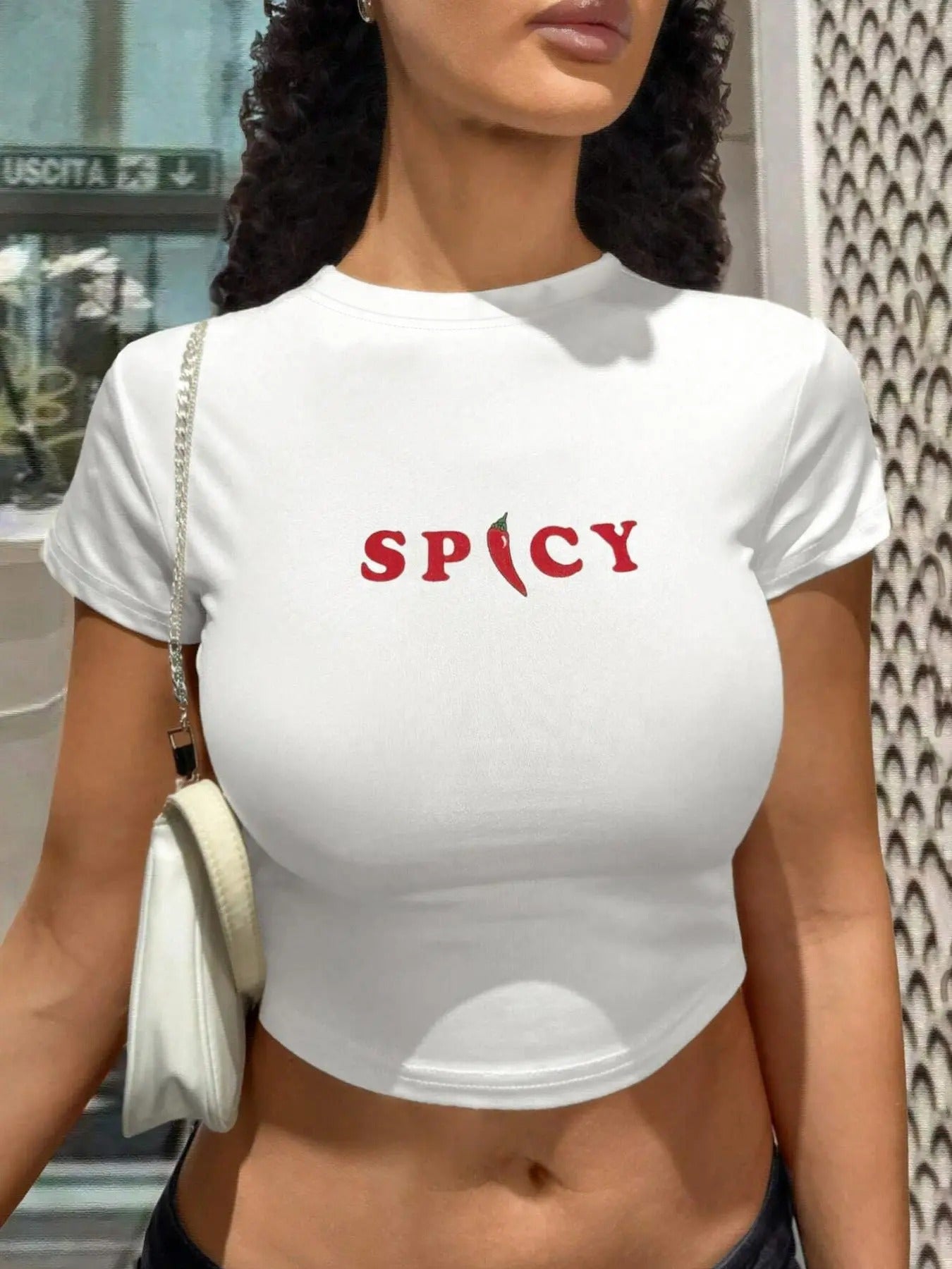 Women'WB shield Spicy Chilli & Letter Print Round Neck Crop Tee, Fashion Casual Crew Neck T-shirt for Daily Holiday...