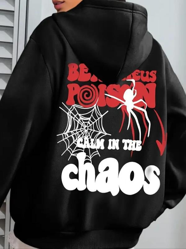 Women'WB shield Spider & Letter Print Drawstring Hoodie, Fashion Casual Hooded Sweatshirt for Daily Holiday Outdoor Wear,...