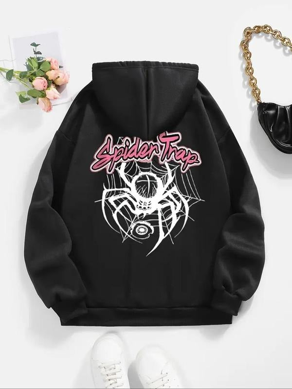 Women'WB shield Spider & Letter Print Drawstring Pocket Hoodie, Fashion Casual Long Sleeve Hooded Sweatshirt for Daily...