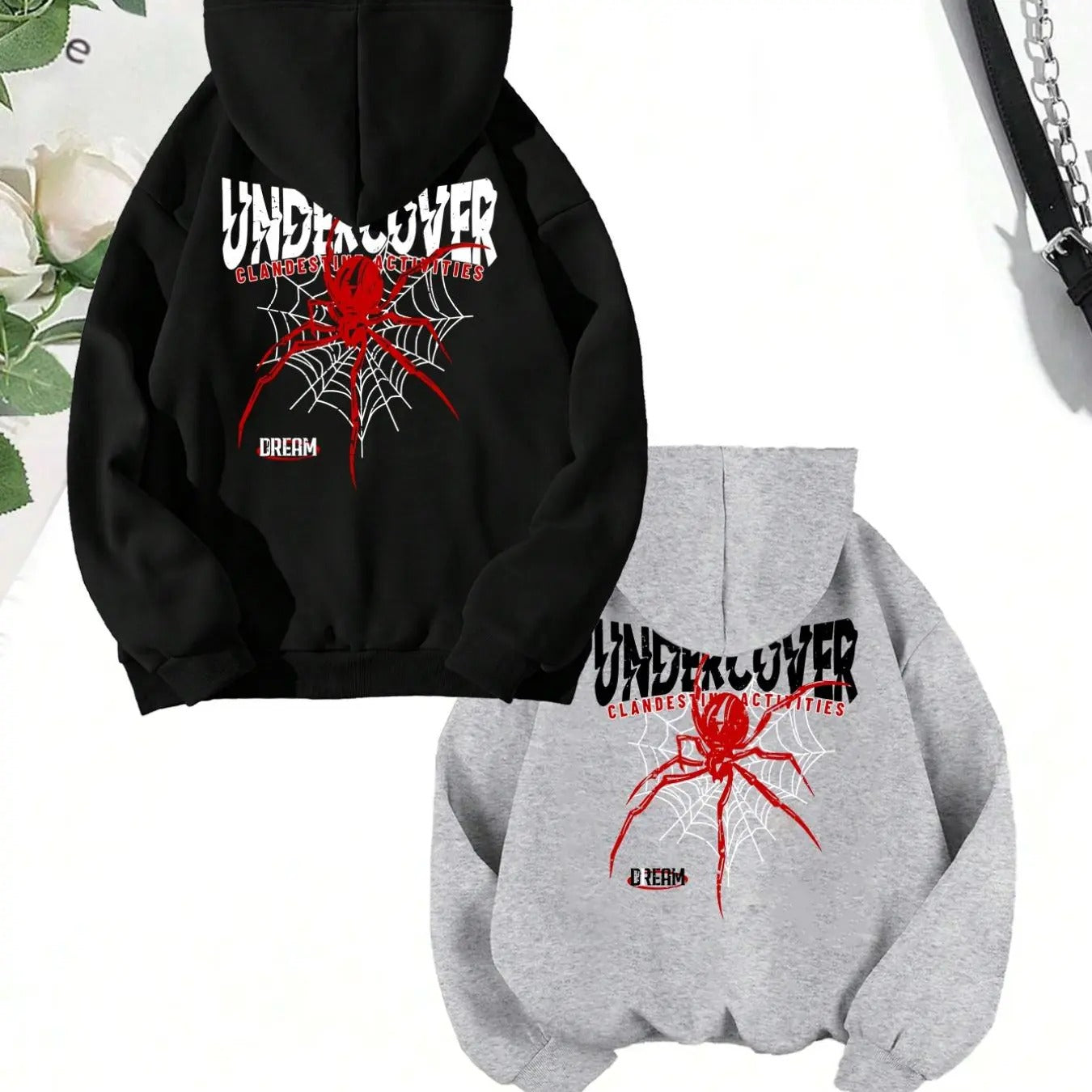 Women'WB shield Spider & Slogan Print Drop Shoulder Hoodie, Fashion Casual Drawstring Pocket Hooded Sweatshirt for Daily Holiday Outdoor Wear, Women Clothing for Fall & Winter