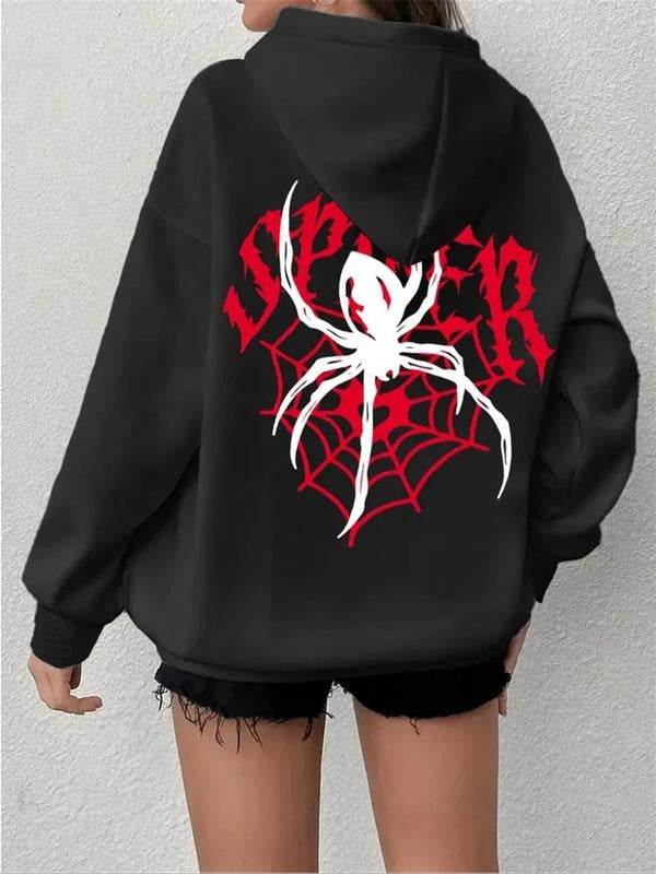 Women'WB shield Spider Print Drop Shoulder Hoodie, Fashion Casual Drawstring Pocket Hooded Sweatshirt for Daily Holiday...