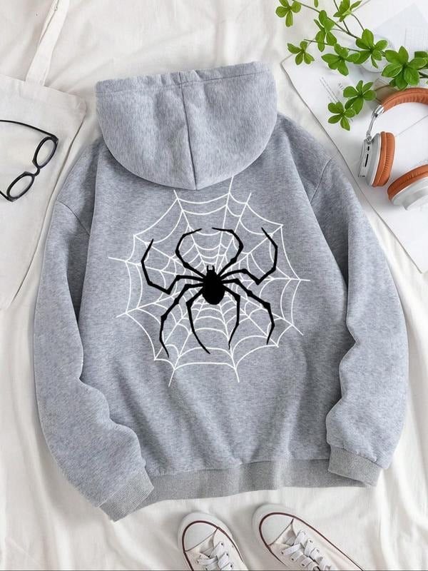 Women'WB shield Spider Print Drop Shoulder Hoodie, Fashion Cute Casual Drawstring Pocket Hooded Sweatshirt for Daily...