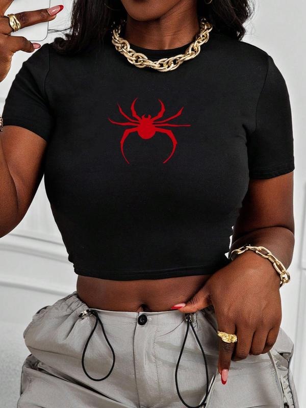 Women'WB shield Spider Print Round Neck Crop Tee, Casual Short Sleeve Crew Neck T-shirt for Summer, Fashion Women'WB...