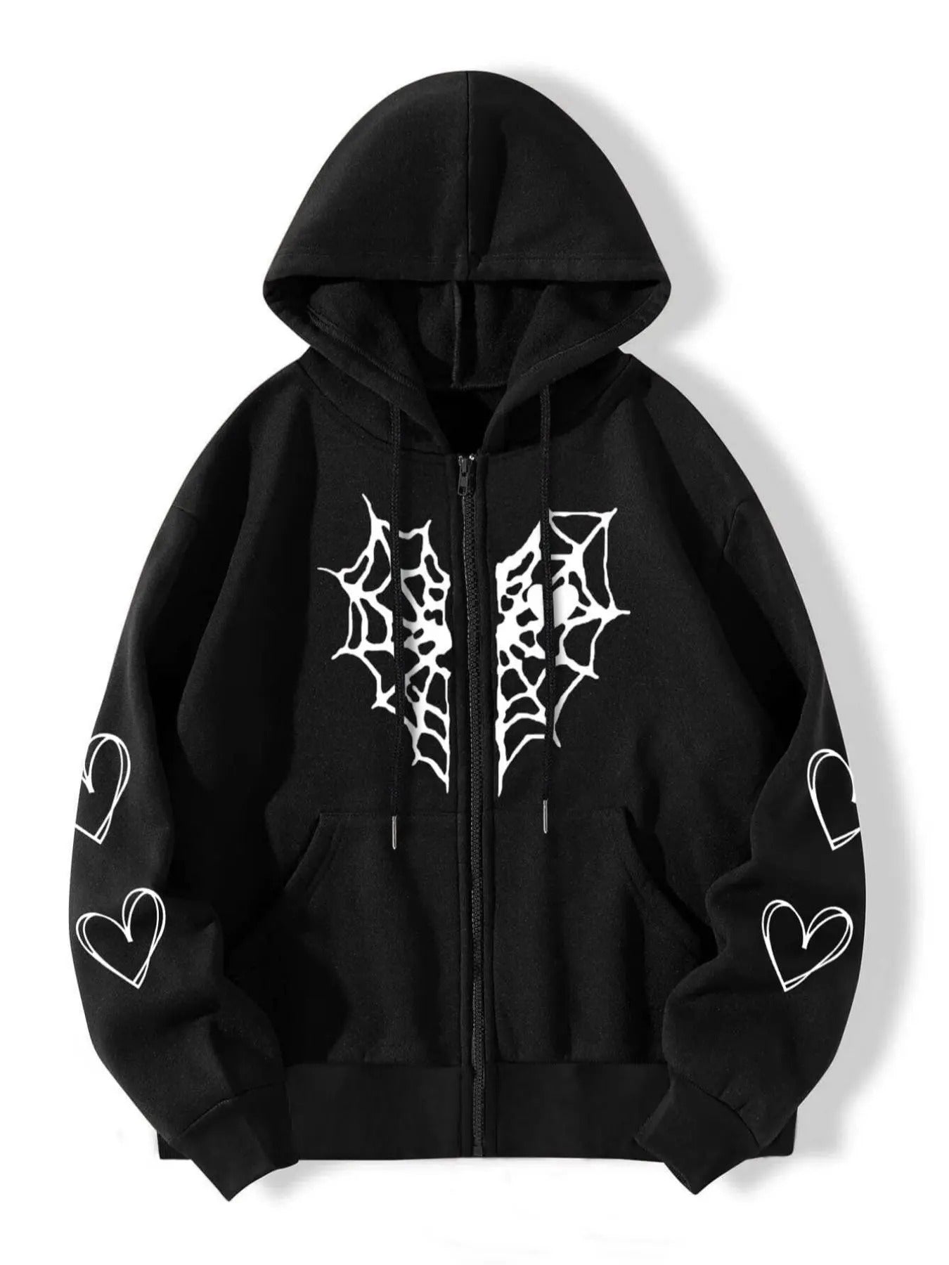 Women'WB shield Spider Web & Heart Print Zip Up Hoodie, Street Drawstring Pocket Hooded Sweatshirt for Daily Holiday...