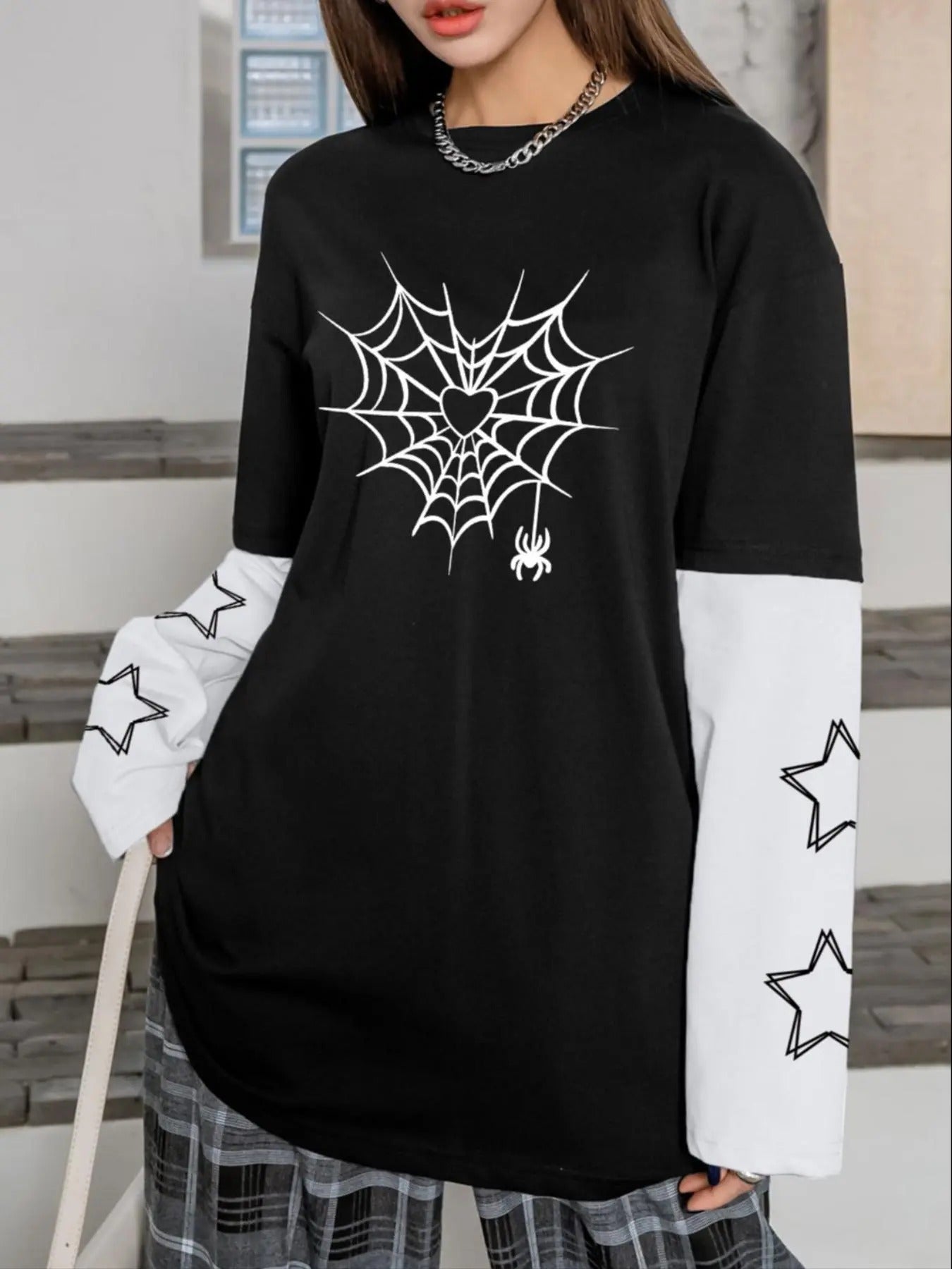 Women'WB shield Spider Web & Lightsaber brand Print Colorblock Patchwork 2 Red plumber brand Swoosh Tee, Casual Drop...