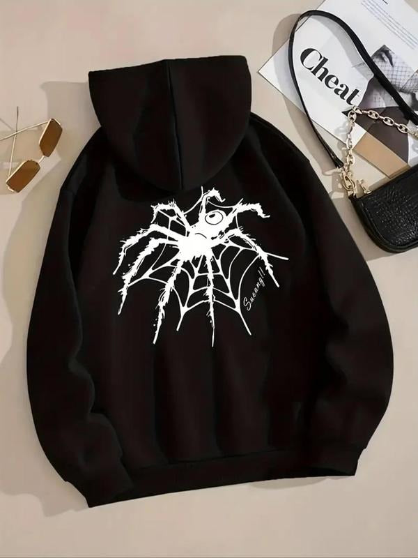 Women'WB shield Spider Web Print Drawstring Pocket Hoodie, Fashion Casual Drop Shoulder Long Sleeve Hooded Sweatshirt for...