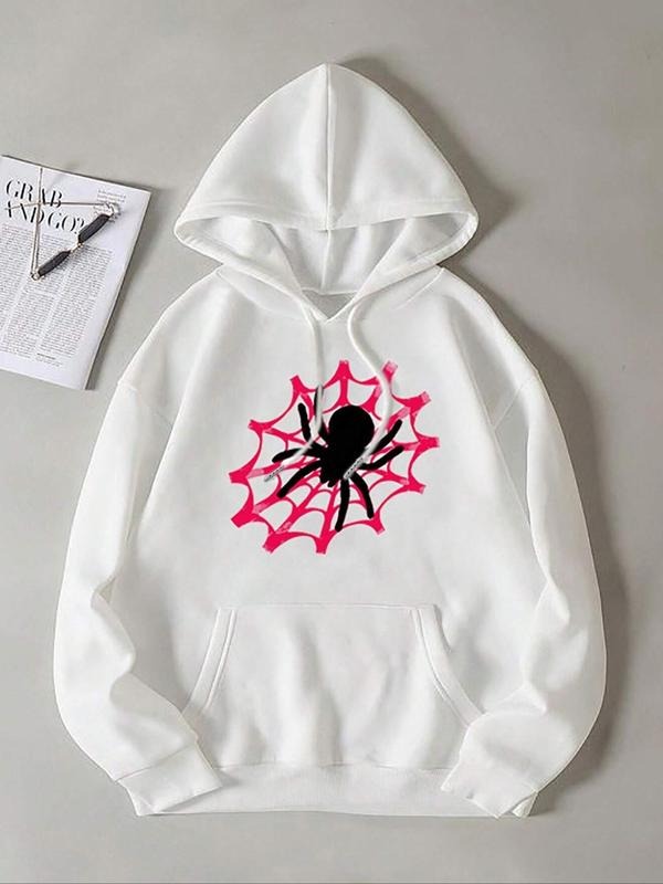 Women'WB shield Spider Web Print Drawstring Pocket Hoodie, Fashion Casual Long Sleeve Hooded Sweatshirt for Daily Holiday...