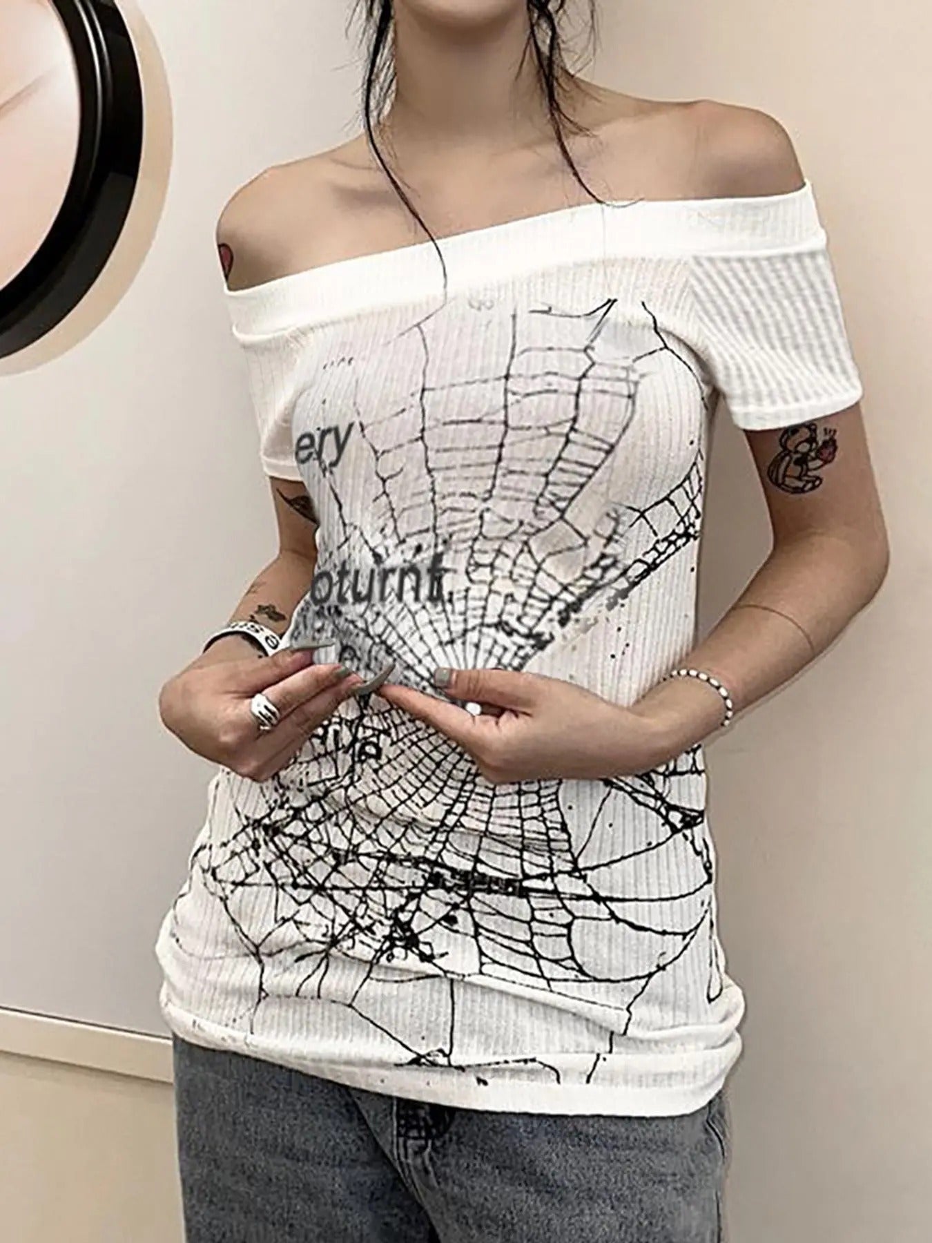 Women'WB shield Spider Web Print FOG Shoulder Tee, Casual Fashion Short Sleeve T-shirt for Summer, Women'WB shield Top...