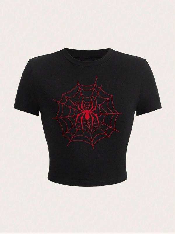 Women'WB shield Spider Web Print Round Neck Crop Tee, Streetwear Casual Short Sleeve T-Shirt for Summer, Ladies TNF for...