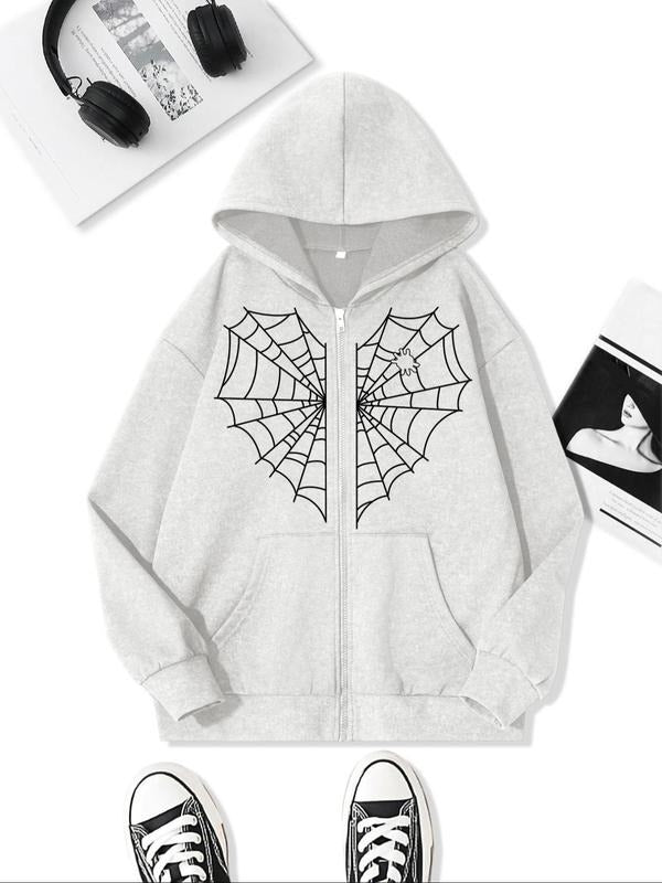 Women'WB shield Spider Web Print Zip Up Hoodie, Fashion Casual Drop Shoulder Pocket Hooded Sweatshirt for Daily Holiday...