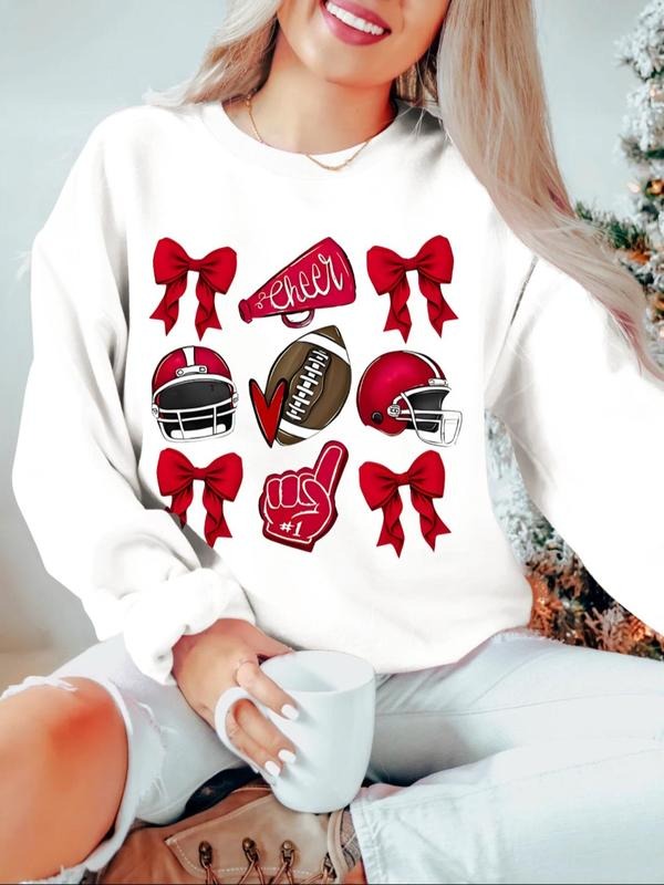 Women'WB shield Spiky hair fighters & Bow Print Round Neck Sweatshirt, Casual Long Sleeve Crew Neck Pullover for Daily...