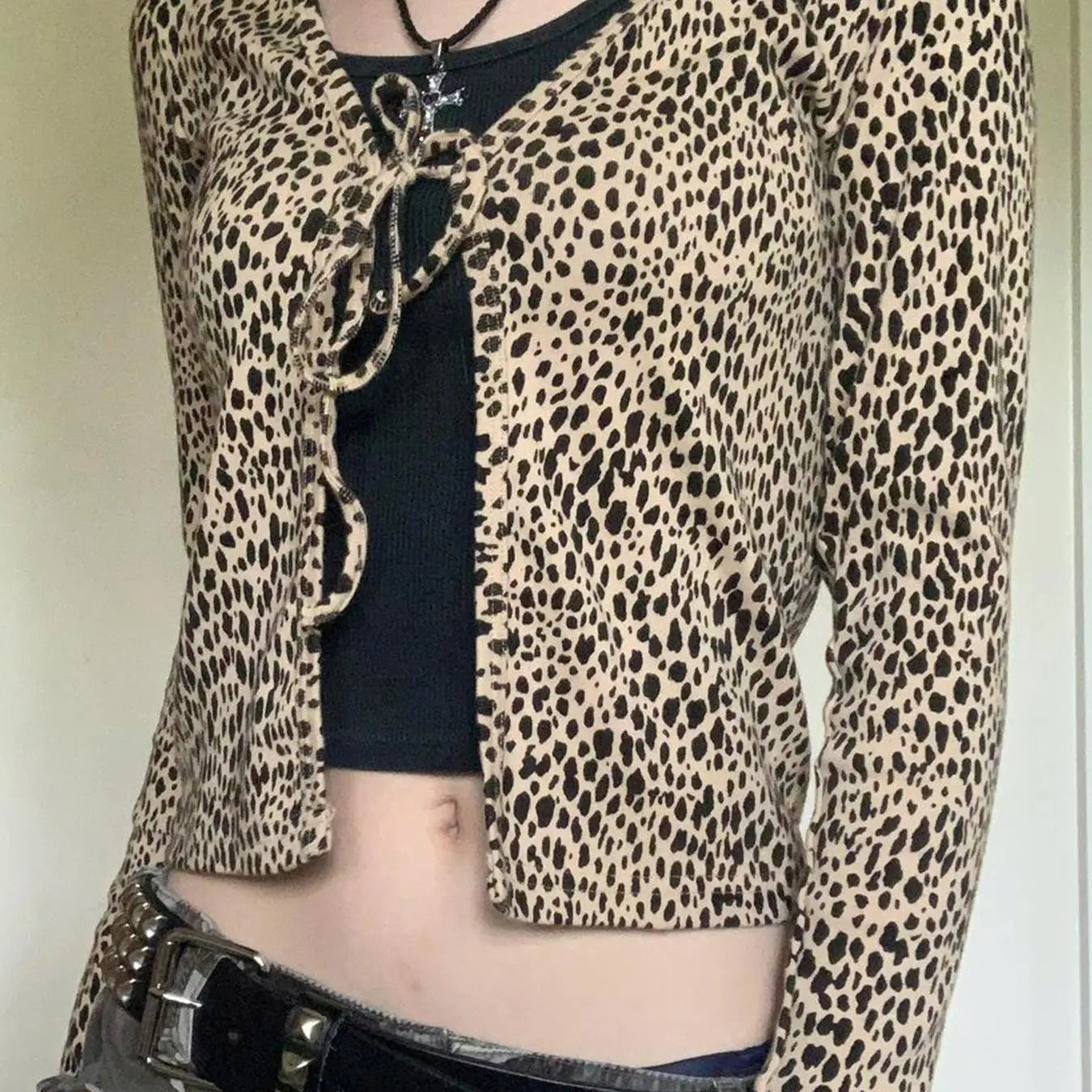 Women'WB shield Spiky hair fighters Over Leopard Print Tie Front Crop Cardigan, Y2K Casual Long Sleeve Tie Neck Cardigan...