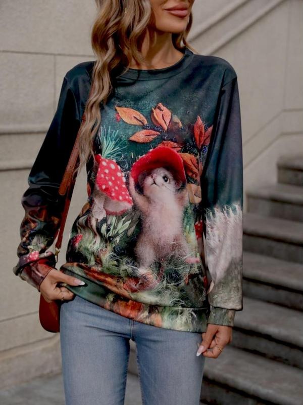Women'WB shield Spiky hair fighters Over Print Round Neck Graphic Sweatshirt, Cute Cartoon Animal Print Long Sleeve Crew...
