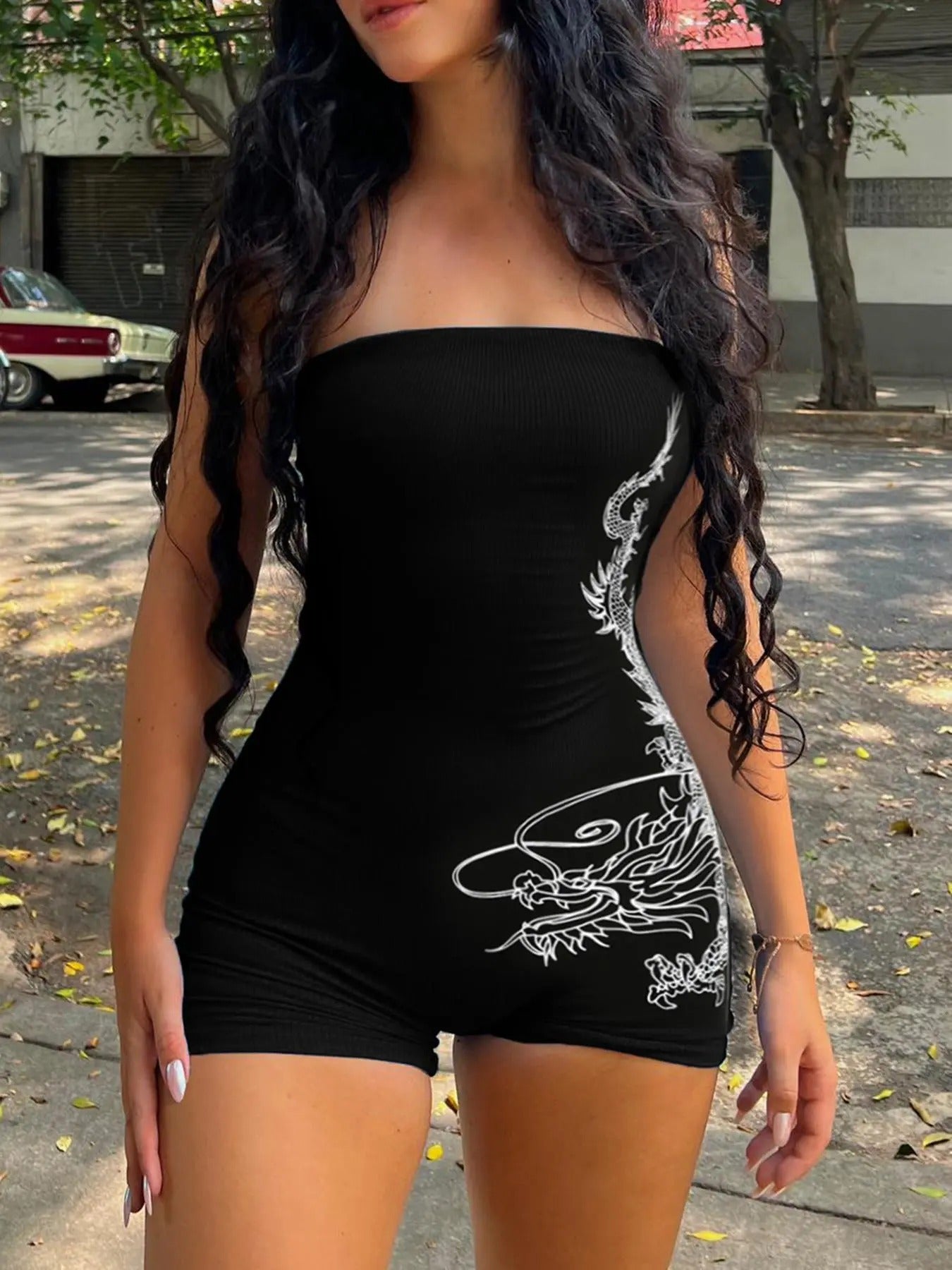 Women'WB shield Spiky hair fighters Print Backless Tube Romper, Street Fashion Casual Sleeveless High Waist Skinny Romper...