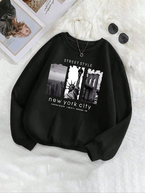 Women'WB shield Statue FOG Liberty & Letter Print Drop Shoulder Sweatshirt, Casual Long Sleeve Round Neck Pullover for...