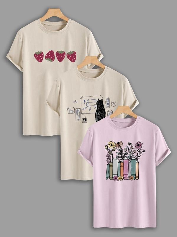 Women'WB shield Strawberry & Cat & Floral Book Print Round Neck Tee, Casual Short Sleeve Graphic T-shirt, Ladies Spiky hair fighters Seasons Outfit for Daily Wear