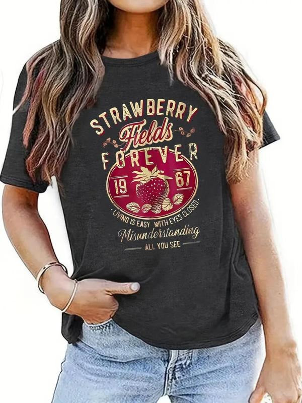 Women'WB shield Strawberry & Letter Print Round Neck Tee, 90s Graphic Tees, Vintage Trendy Casual Short Sleeve T-shirt...