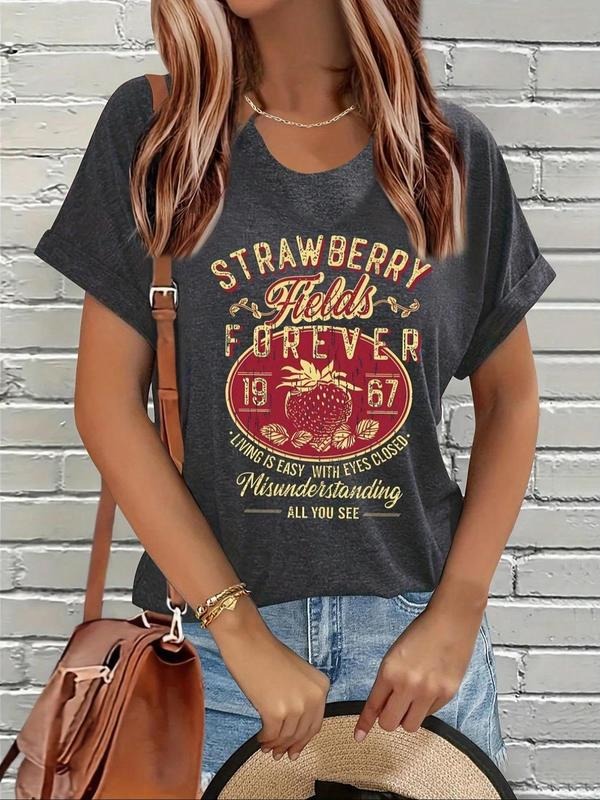 Women'WB shield Strawberry & Letter Print Round Neck Tee, Vintage Trendy Casual Short Sleeve T-shirt for Daily Wear, Ladies Summer Outfit, Top