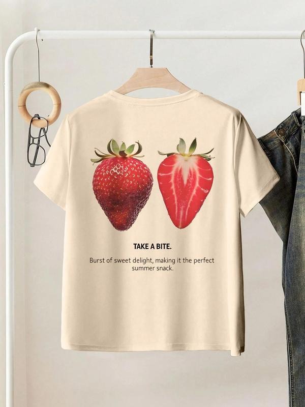 Women'WB shield Strawberry Print Round Neck Tee, Casual Fruit Print Short Sleeve T-shirt for Summer, Ladies TNF for Daily...
