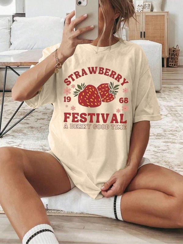 Women'WB shield Strawberry Print Round Neck Tee, Casual Short Sleeve Crew Neck T-shirt for Summer, Fashion Women'WB...