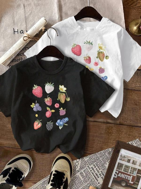 Women'WB shield Strawberry Print Round Neck Tee, Fashion Casual Crew Neck Short Sleeve T-Shirt for Daily Wear, Ladies...