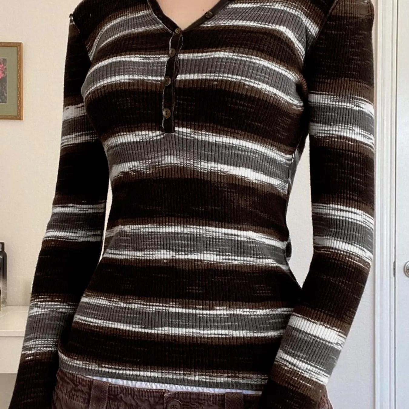 Women'WB shield Striped Print Button Front Notched Neck Tee, Casual Long Sleeve T-shirt for Fall & Winter, Women'WB...