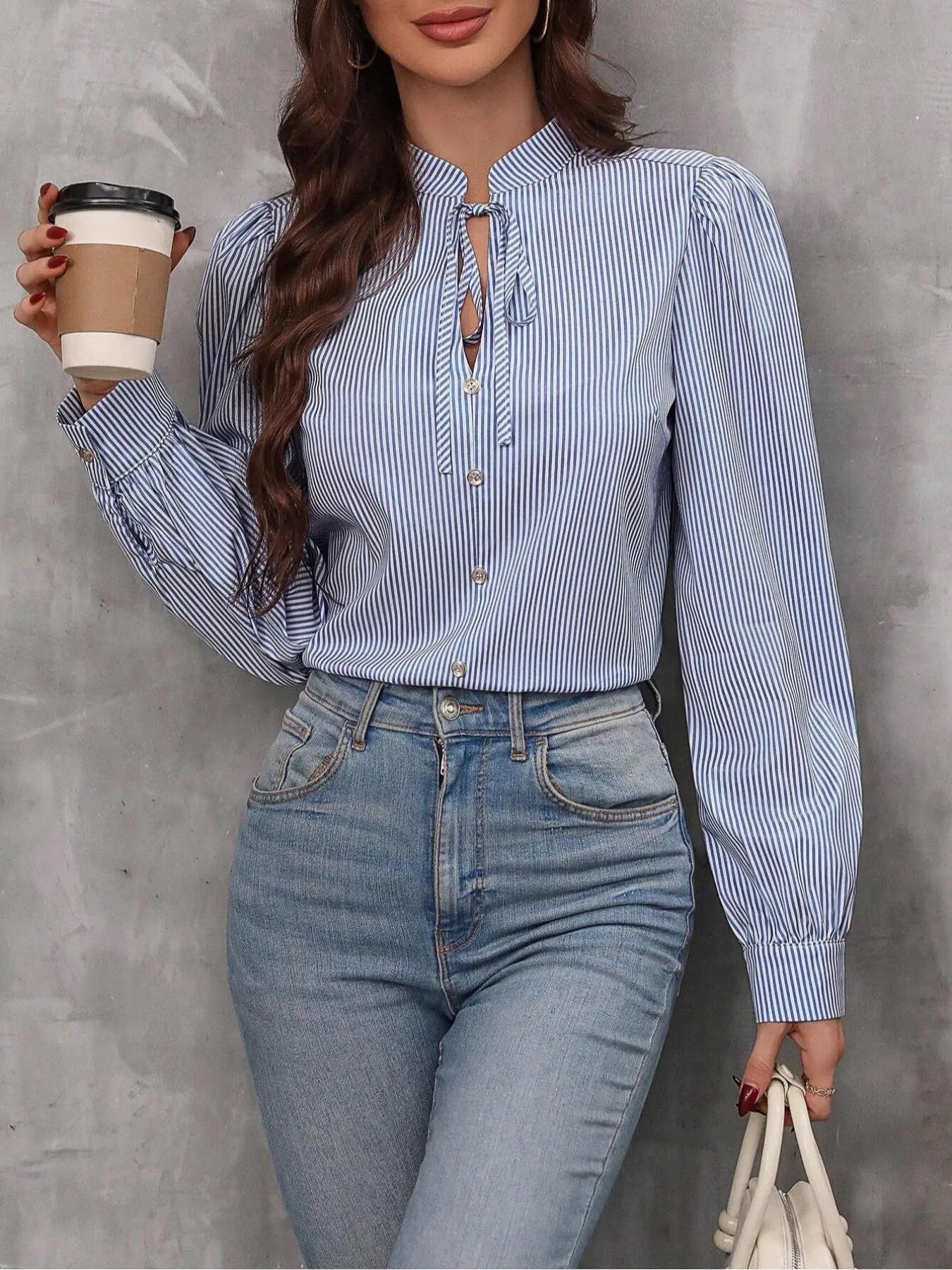 Women'WB shield Striped Print Button Tie Front Blouse, Casual Bishop Sleeve Mock Neck Top for Daily Wear, Ladies TNF for...
