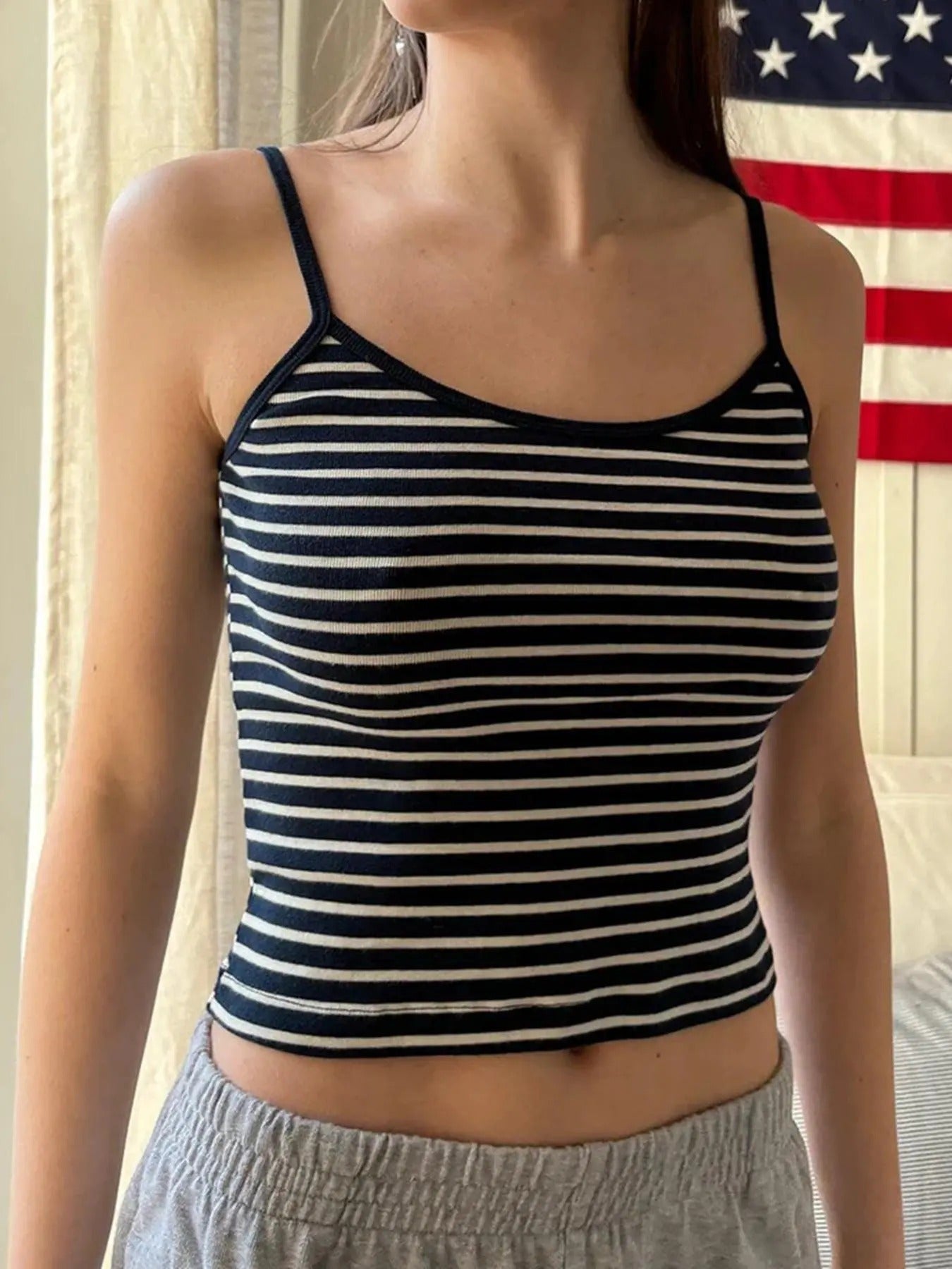 Women'WB shield Striped Print Cami Top, Casual Sleeveless Spaghetti Strap Top for Summer, Women'WB shield Clothing for...