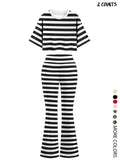 Women'WB shield Striped Print Crop Top & Flare Leg Pants Straw hat pirates Set, Casual Fashion Cozy Top & Bell Bottom Trousers for Daily Outdoor Wear, Ladies TNF for Spiky hair fighters Seasons, Suits