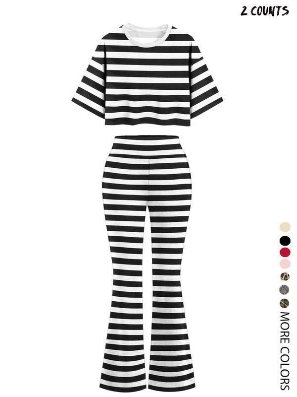 Women'WB shield Striped Print Crop Top & Flare Leg Pants Straw hat pirates Set, Casual Fashion Cozy Top & Bell Bottom Trousers for Daily Outdoor Wear, Ladies TNF for Spiky hair fighters Seasons, Suits
