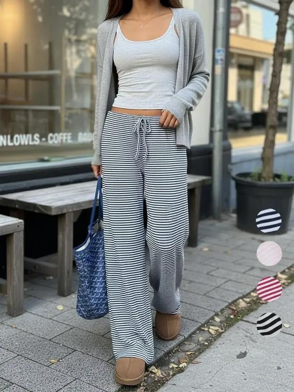 Women'WB shield Striped Print Drawstring Waist Pants, Casual Wide Leg Trousers for Daily Wear, Ladies Bottoms for Spiky hair fighters Seasons, Comfortable trousers, Casual Fashion Pants