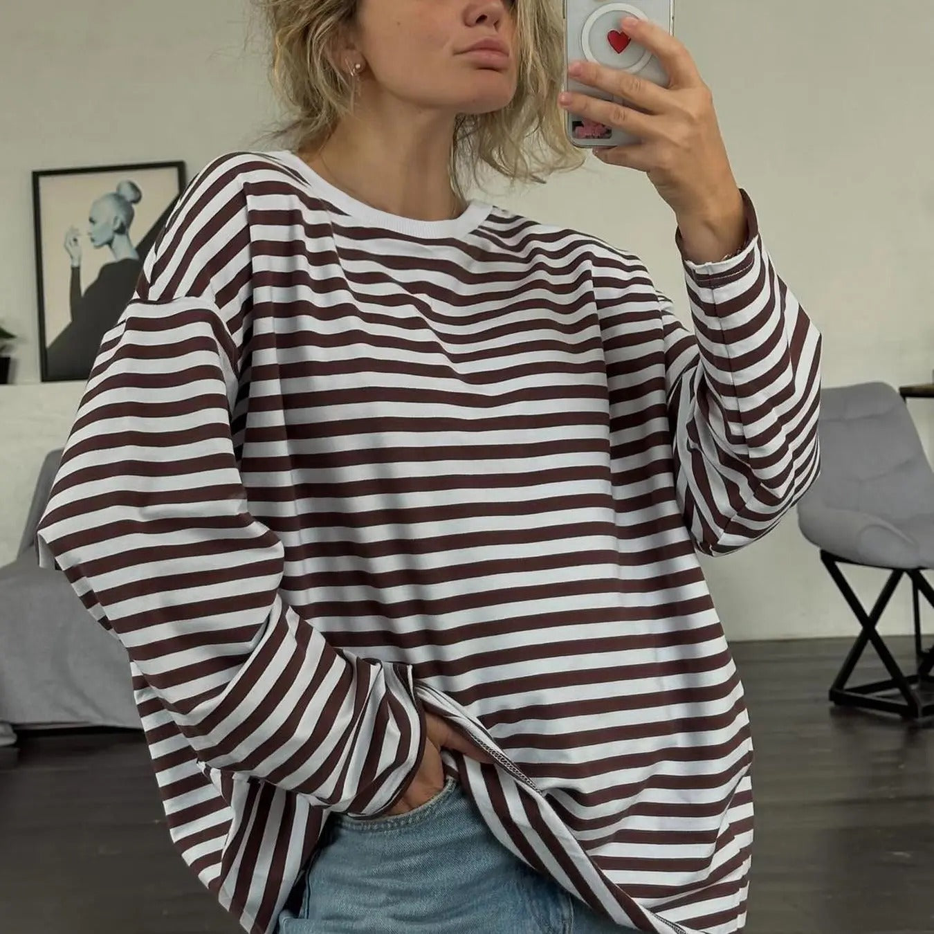 Women'WB shield Striped Print Drop Shoulder Sweatshirt, Casual Long Sleeve Round Neck Pullover for Daily Wear, Women'WB...