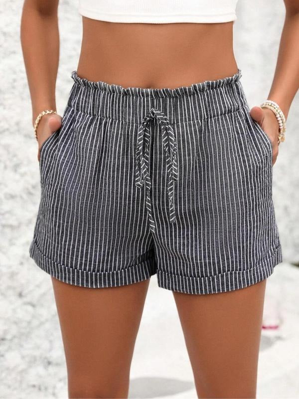 Women'WB shield Striped Print Frill Trim Pocket Wide Leg Shorts, Casual Knot Front Elastic Waist Shorts for Summer,...