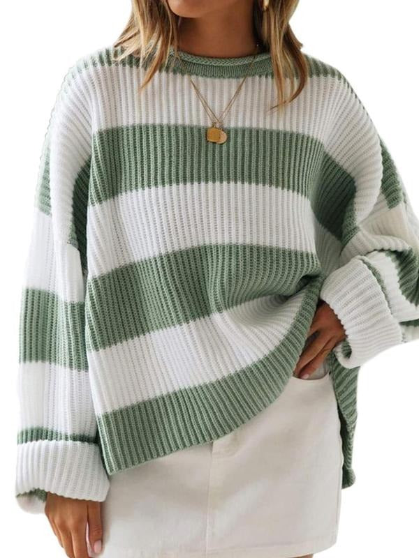 Women'WB shield Striped Print Long Sleeve Crew Neck Sweater, Casual Round Neck Jumper for Daily Wear, Ladies Knitwear for...
