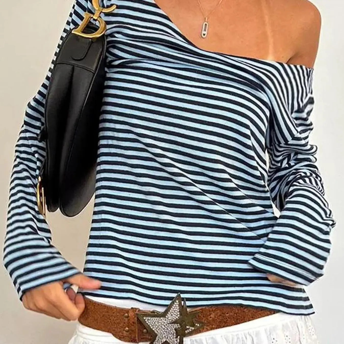 Women'WB shield Striped Print Superhero team Neck Tee, Casual Long Sleeve T-shirt for Spring & Fall, Women'WB shield Top...