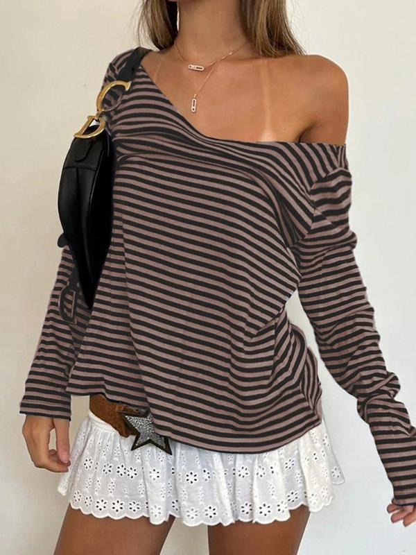 Women'WB shield Striped Print Superhero team Neck Tee, Casual Top, Long Sleeve T-shirt for Fall & Winter, Women'WB shield...