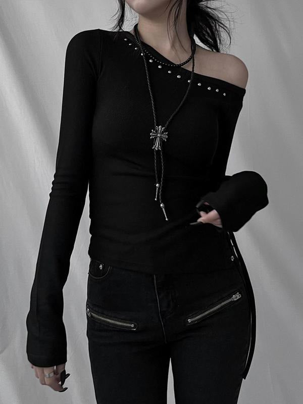Women'WB shield Studded Decor Tee, Y2K Fashion Casual Long Sleeve T-shirt for Daily Outdoor Wear, Ladies TNF for Summer...