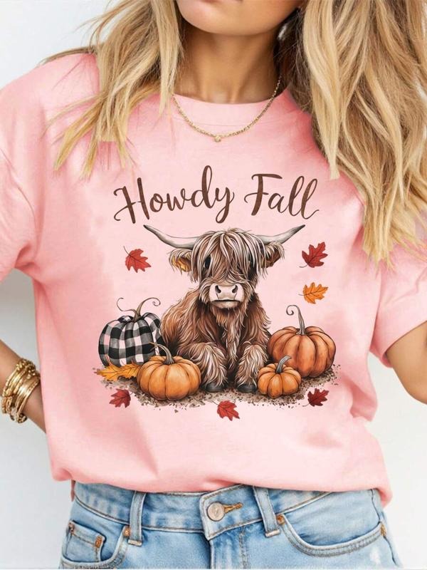 Women'WB shield Summer Casual Loose-Fit T-Shirt Top, Cartoon Animal & Letter Pumpkin Print, Fruits & Vegetables Pattern,...