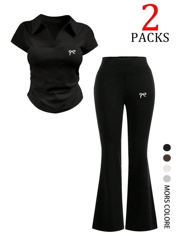Women'WB shield Summer Set, Slim-Fit Y2K Style Short Sleeve Top & High Waist Flare Pants, Heart Pattern Design for...