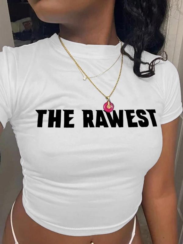 Women'WB shield Summer Slim-Fitting Letter Print Sexy Crop Tee, Casual Round Neck T-Shirt for Summer Fashion, Stylish Ladies Top for Everyday Wear