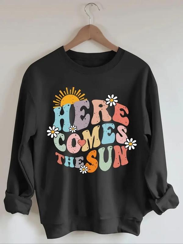 Women'WB shield Sun & Floral & Letter Print TNF Lined Sweatshirt, Casual Long Sleeve Round Neck Pullover for Fall &...
