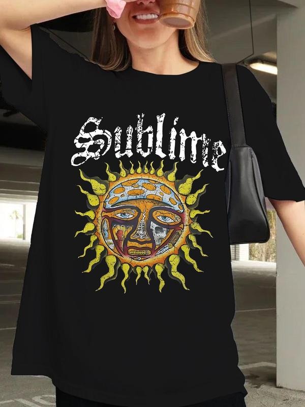 Women'WB shield Sun & Letter Print Round Neck Graphic Tee, Vintage Trendy Casual Short Sleeve T-shirt for Daily Wear,...