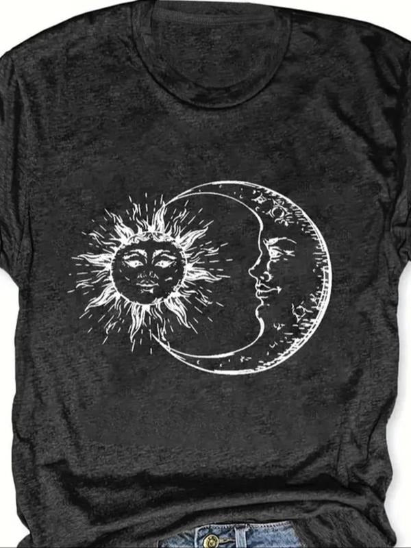 Women'WB shield Sun & Moon Print Round Neck Tee, Casual Short Sleeve Crew Neck T-Shirt for Summer, Fashion Women'WB...