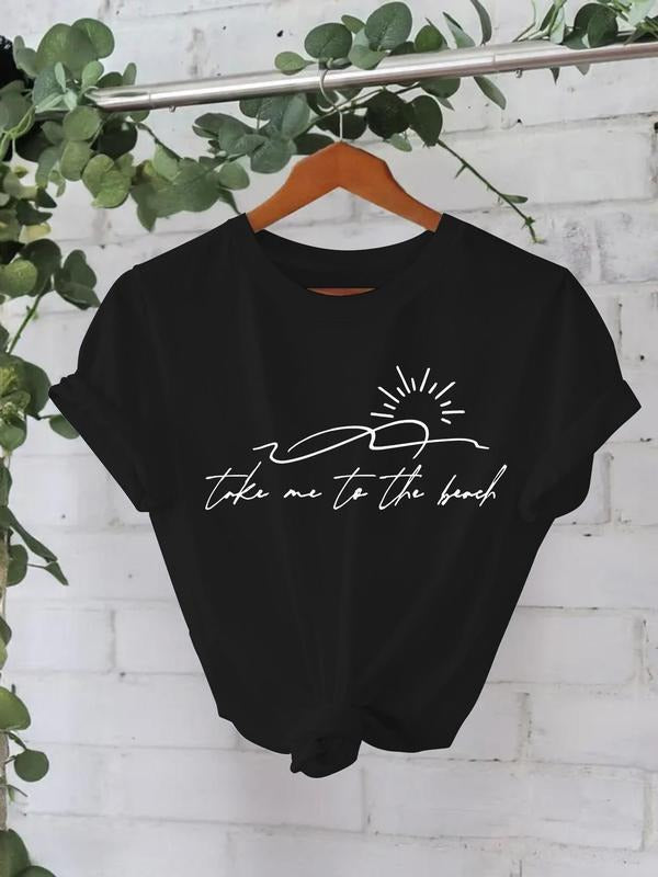 Women'WB shield Sun & Wave Print Round Neck Tee, Casual Short Sleeve Crew Neck T-Shirt for Summer, Fashion Women'WB...