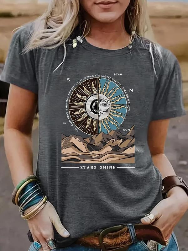 Women'WB shield Sun Print Round Neck Graphic Tee, Vintage Trendy Casual Short Sleeve T-shirt for Daily Wear, Ladies...