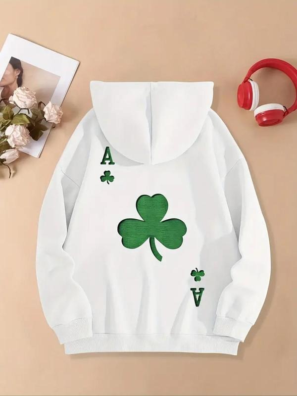 Women'WB shield TNF Lined Letter & Clover Print Drop Shoulder Hoodie, Fashion Casual Drawstring Pocket Hooded Sweatshirt...