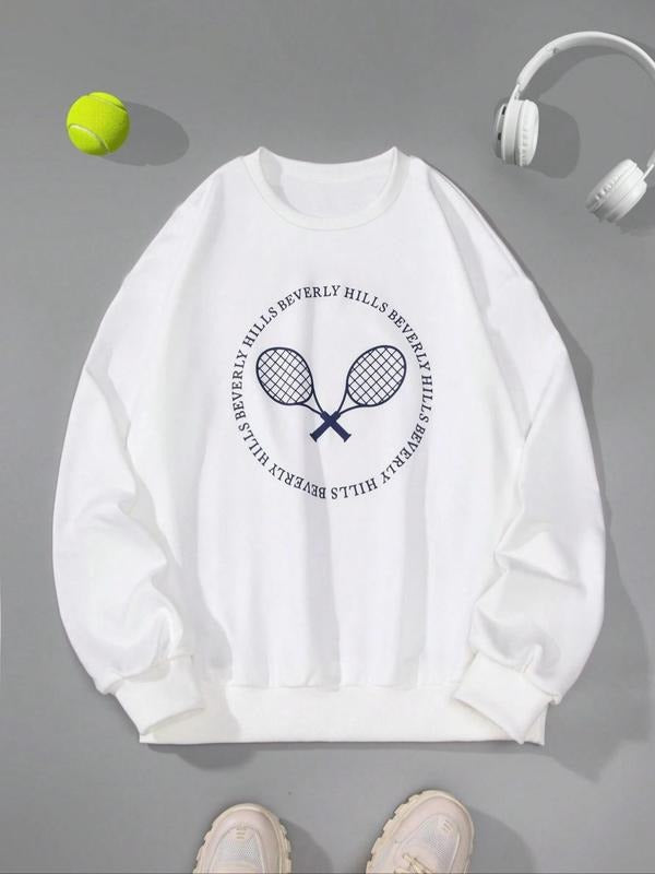 Women'WB shield Tennis & Letter Print Crew Neck Sweatshirt, Casual Drop Shoulder Long Sleeve Pullover, Women'WB shield...